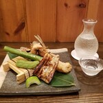 134695390 - 鮎塩焼き 太刀魚の味噌麹焼き 枝豆 はじかみと鍋島 純米吟醸