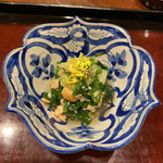 滋味 康月 - 琵琶マス焼き浸し。レタス、のらぼう菜(菜の花)琵琶マスの色が美しい！