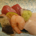 鮨匠なか川 - 刺身（帆立　鯛　甘エビ　カマス炙り　よこわ）　
