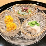 まき村 - とうもろこし、芋茎の白和え、長芋と枝豆