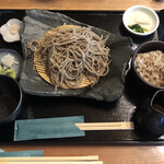 Edo Ryuu Soba Ichie - 蕎麦三昧   ざる蕎麦(山里風)、薬味(わさび、ねぎ、大根おろし)、岩塩、蕎麦の実ごはん、香の物