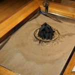 柳家 - 2012.6 掘り囲炉裏席の囲炉裏、予定より早く到着したので囲炉裏の炭は着火前