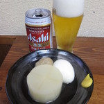 立ち飲み処 - 缶ビール(発泡酒350ml)：350円、おでん風大根玉子：200円