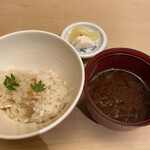 Saiseki Chimoto - ご飯と椀物。オカワリしたいご飯でした。新生姜と鱸の相性最高です。