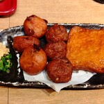 市場食堂 - さつま揚げ３種盛合せ（左からピリ辛ごぼう、タコ焼き、チーズ）