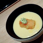 霜止出苗 - 冷製とうもろこしスープ  揚げたメロン乗せ