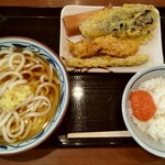 Marugame Seimen - かけうどん大、春巻、長なす天、かしわ天、ごぼう天、天丼用白ごはん+明太子