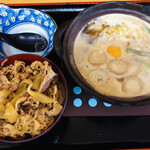 Nabeyakiramensemmontenchuruchuru - 鍋焼きラーメン並と牛丼のセット