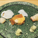 馳走 啐啄一十  - お刺身。オコゼ、こち、タイ、あん肝