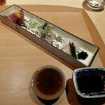 祇園 又吉 - 造り盛り合わせ（清水カツオ，真鯛，太刀魚）