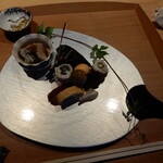 祇園 又吉 - 八寸（グルクンのから揚げ，穴子寿司、玉子カステラ、信田巻，八幡巻きハタのアスパラ巻、湯葉真薯，新生姜甘煮，牡蠣のオイル漬け）