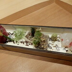 祇園 又吉 - 造り盛り合わせ（清水カツオ，真鯛，太刀魚）