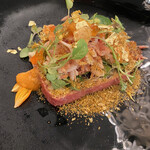 和フレンチバル村塾 - 前菜1  桜エビ、季節の茸のテリーヌ、ウニ、いくら等を使ってサラダスタイルで召し上がって頂きます。
      ソースは少量ですが、バルサミコと柚子ドレをかけてます。