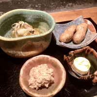 大どころ - ○八寸:枝豆チーズ、真魚鰹の真子、塩茹で落花、素麺瓜ゴーヤ土佐酢ジュレ様