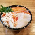 Crab, scallop and salmon rice bowl