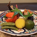 御料理 寺沢 - 鮎塩焼､帆立貝柱おかき揚､菱蟹奉書巻､蛸柔らか煮､青梅蜜煮､丸十蜜煮､黒夏豆､ﾎﾛﾎﾛのﾚﾊﾞｰと手羽の山椒焼