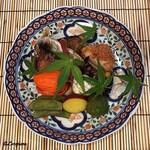 御料理 寺沢 - 鮎塩焼､帆立貝柱おかき揚､菱蟹奉書巻､蛸柔らか煮､青梅蜜煮､丸十蜜煮､黒夏豆､ﾎﾛﾎﾛのﾚﾊﾞｰと手羽の山椒焼