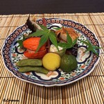 御料理 寺沢 - 鮎塩焼､帆立貝柱おかき揚､菱蟹奉書巻､蛸柔らか煮､青梅蜜煮､丸十蜜煮､黒夏豆､ﾎﾛﾎﾛのﾚﾊﾞｰと手羽の山椒焼