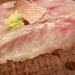 緒方 - ④赤甘鯛(長崎県上対馬産、1日寝かせ、3kg弱)
      旨みは4~5日寝かせの感じですが、身の張りは2~3日寝かせな感じ。
      結局、皮は浅いと思ったが、旨みから4~5日寝かせと判断。