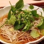 緒方 - ⑮山菜(クレソン、芹、なずな、母子草、はこべ、仏の座、蕪、すずべら)蕎麦(十割蕎麦)
      冷たい出汁で頂く極細のお蕎麦、山菜を食べると何だか胃袋がスッキリします。