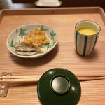 あさば - もろこしと豆アジかき揚げともろこしスープ