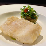 ラ カンロ - 【胡瓜、エストラゴン】
      ★ サメガレイのフリット、胡瓜の冷製ソース、エストラゴン（ハーブ）+ タスマニア産粒マスタード+シトロンキャビア、式部茄子、北海道ウニ、ハーブのサラダ