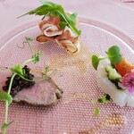 Cucina Italiana YOSHINO - 薫製の生ハム、鴨のロースト、紋甲イカのジェノバソース