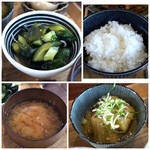 IRODORI - ◆ワカメとキュウリの酢の物 ◆茄子の南蛮漬け ◆お味噌汁には賽の目に切ったお豆腐が入っていました。 ◆ご飯は少なくして頂いています。