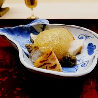 道人 - 鮑・伊勢海老・蓮根　ポン酢ジュレ掛け。大好きです。車海老のプリプリと、厚切り鮑のモッチリ、蓮根のサクサク、素晴らしいです。
