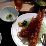 高地屋 - エビフライ、小鉢、味噌汁、ご飯　2020年9月