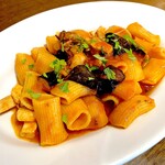 Homemade rigatoni Sicilian style with swordfish and eggplant