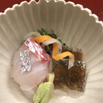 赤坂 菊乃井 - 昼懐石１２１００円。明石天然鯛、太刀魚。太刀魚、大好物です（╹◡╹）（╹◡╹）。ポン酢ジュレを固めたものといただく趣向も、味が引き立ちます（╹◡╹）（╹◡╹）