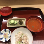 赤坂 菊乃井 - 昼懐石１２１００円。鯛萩御飯、赤万願寺唐辛子すり流し。赤万願寺のすり流しは二カ月連続ですが、今回の方が、苦味控え目・甘み増しで、とても良かったです（╹◡╹）
