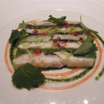 レザンファン ギャテ - 鱧と水菜、インゲン、長芋のテリーヌ　梅肉のヴィネグレットと三つ葉を添えて～レザンファン ギャテ　夏の風物詩～