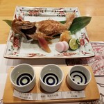 上越やすだ - のど黒一本焼と大吟醸飲み比べ三種(①スキー正宗 華[大吟醸原酒] ②鶴齢[純米大吟醸酒] ③北雪[大吟醸YK-35])