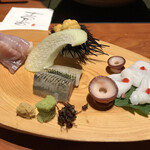 ラビスタ阿寒川 - お造里（生海胆殻盛り、北釧鰯、松皮鰈、水蛸文銭造り（梅肉、大根、造り醬油、玉ちり）