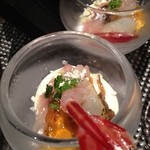 カリフラワーのムース　縞エビ