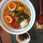 Nasuya Souan - 韓国冷麺風そば　自家製半熟煮玉子付き 　スープが冷麺のスープなんだけど、どこか和風。どうやってこの中間点を見出すのか不思議。自家製半熟煮玉子も旨し。