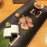 手打ち蕎麦 太古福 - つまみ3種（この日は板わさ、鴨、梅水晶）