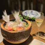 ふふ 河口湖 - 溶岩　風船焼き　鰈　とまと　玉葱　椎茸　万願寺のつけだれ