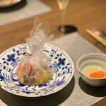 ふふ 河口湖 - 溶岩　風船焼き　鰈　とまと　玉葱　椎茸　万願寺のつけだれ