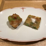 一碗水 - 香煎百花丙咆 蓮稿銀果、腐皮毛豆(海老煎り焼き2種 新銀杏蓮根のすりおろし、だだちゃ豆と中国湯葉)