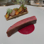 ロオジエ - ｼｬﾗﾝ鴨のﾛﾃｨ、ｸﾘｽﾋﾟｰに焼いた鴨のﾌﾞｰﾀﾞﾝ、ｾﾐﾄﾞﾗｲにした桃、かぼちゃと甘酸っぱいｵﾆｵﾝ、ｽﾊﾟｲｽを効かせたｼﾞｭ