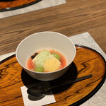 ふふ 河口湖 - 水菓子　西瓜スープ仕立て　ミルク寄せ　マスカット　時計草アイス　バニラのグラニテ