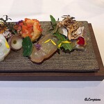 カーサ・デル・チーボ - 蛸のﾃﾘｰﾅ､真鱈の瞬間燻製､鮃の椎茸締め､海鞘のｴｽｶﾍﾟｰｼｪ