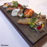 カーサ・デル・チーボ - 活穴子のﾃﾘｰﾅ､鮟鱇のﾃﾘｰﾅ､桜鱒のﾏﾘﾈ､蛸のﾃﾘｰﾅ､真鱈の瞬間燻製､鮃の椎茸締め､海鞘のｴｽｶﾍﾟｰｼｪ