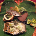 草喰 なかひがし - 6月八寸　稚鯖の干物、田芹の湯葉巻き、青梅葛餡、初鰹なまり節、虎杖白和え、、、