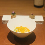 ラ カンロ - ④【鮎、ビーフン、リエット】
      ★ 子持ち鮎とビーフンのペペロンチーノ仕立
      　 鮎の身と卵の春巻き、タルタルとキャビアのせ
      　 鮎のリエットのキャラメリゼ、三杯酢ゼリーコーティング