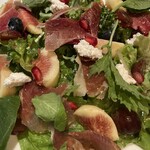 Salad with seasonal fruits, Prosciutto, and ricotta cheese