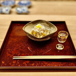 道人 - 伊勢海老（淡路）の昆布締め〜伊勢海老の旨味に酢がたってない餡掛けの味わいが柔らかい。食前酒は「菊の雫（石川県）」。文句なしの絶品です ♫